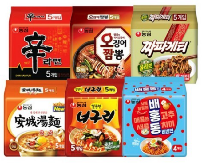 신라면 +얼큰너구리+짜파게티+안성탕면+오짬+배홍동 각1봉씩, 1세트