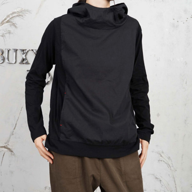 벅시루 하이넥 후드 언발 소재배색 캥거루주머니 통통걸 엄마옷 간절기 여성 캐주얼 긴팔티