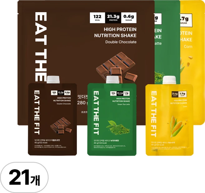 잇더핏 단백질 쉐이크 3주플랜 (더블초코맛 1주+녹차라떼맛 1주+옥수수맛 1주), 280g, 3개 - 쿠팡