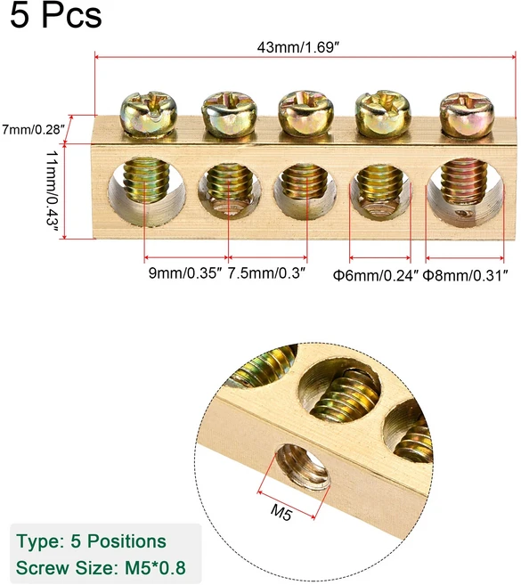 UXCELL 1/2/3/4/5Pcs 황동 접지 스트립 3/4/5/7/10/15 구멍 터미널 바 나사 블록 배리어 제로 행, 11 5Pcs 5Hole 7x11
