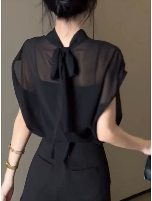 해피유통여성 여름 쉬폰 리본넥 민소매 블라우스 뒷면 시스루 디테일 루즈핏 상의XG03