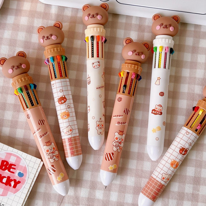 보냄 귀여운 곰돌이 캐릭터 10색 멀티펜 0.5mm 부드러운 볼펜 원터치 노크식 다색 다꾸, 1개, 화이트