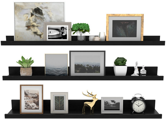 Olivet 벽걸이 수납 선반 원목 벽걸이형 다용도 수납 선반, 검정색, 3단