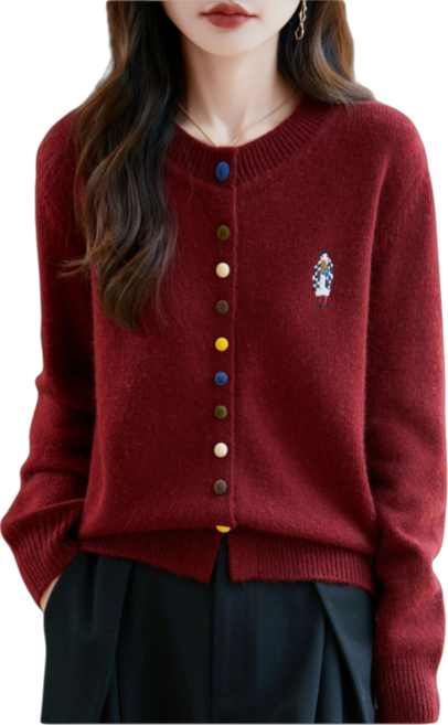 Makone 여성 봄 가을 라운드넥 무지 자수 오버핏 카디건