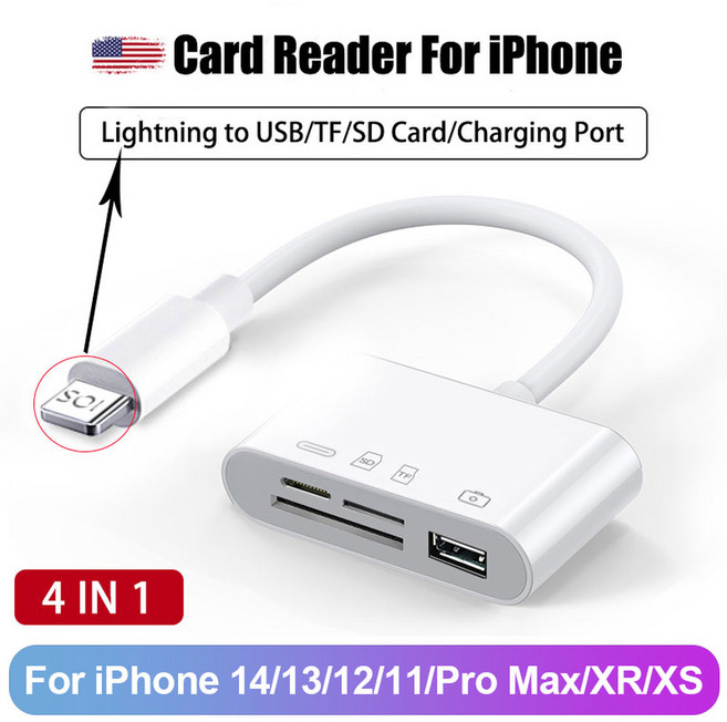 in SD 카드 리더 USB 허브 for 아이폰 호환 아이패드 맥북제품 라이트닝 C타입 to TF 메모리 플래시 드라이브 OTG 어댑터, 4 IN 1 Lightning, 1개