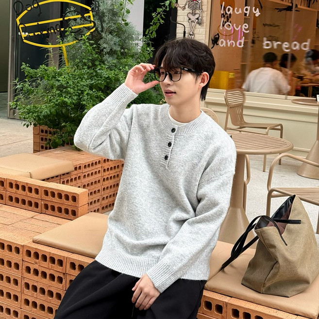 남자 스웨터 크루넥 긴팔 데일리 베이 크루넥 니트 패션 단추 맨투맨 가디건