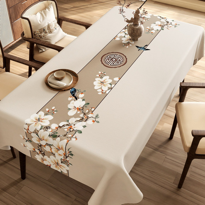 桌布國風新中式防水防油免洗長方形餐桌布輕奢高級感2026新款檯布, 1個, 140*200cm, 春鳥浣砂