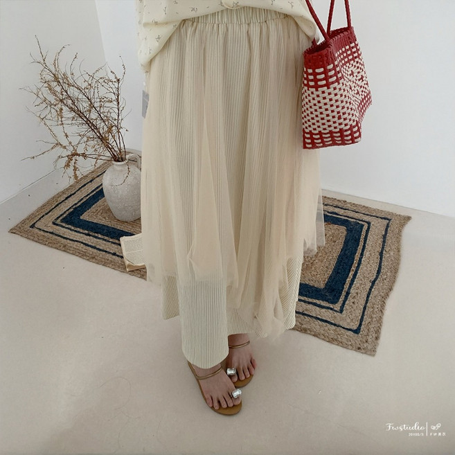 直條紋不規則紗裙 壓紋長裙