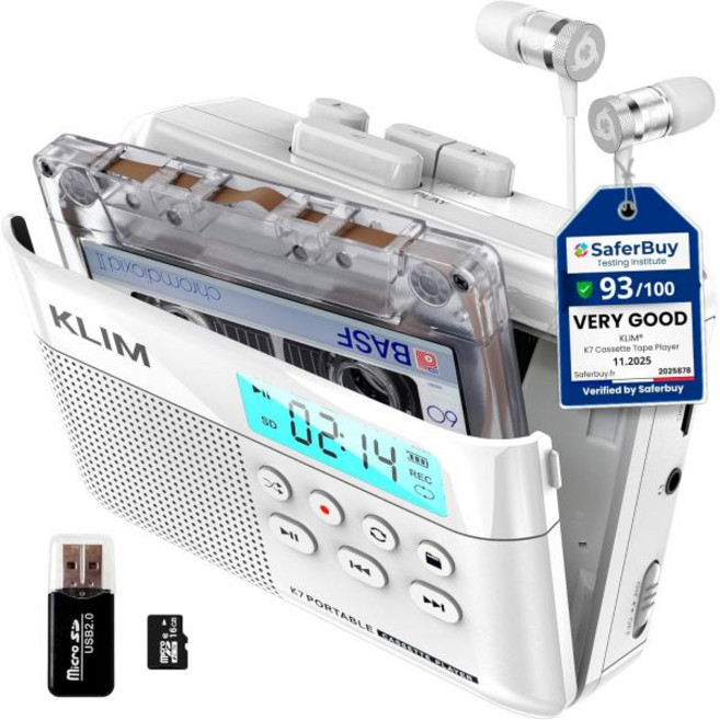 KLIM K7 카세트 테이프 플레이어 - 카세트에서 MP3로 변환기 휴대용 내장 마이크 및 스피커 충전식 배터리 이어폰 16GB SD 카드 흰색, 16GB White