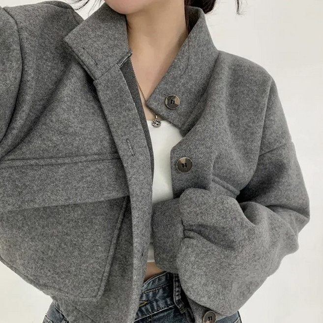 立領短版寬鬆休閒女外套 - 韓版秋冬日系