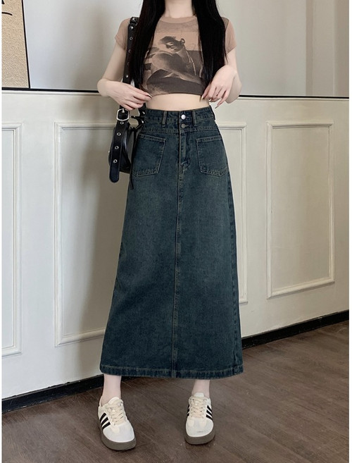 BLACK K7 여성 하이웨스트 캐주얼 A라인 데님 롱 스커트 빅사이즈 뒤트임 청치마