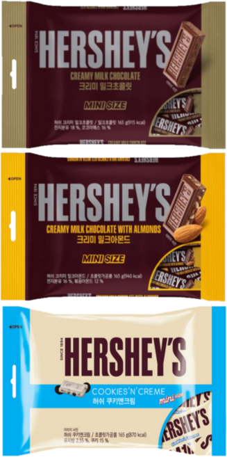허쉬 초콜릿 스낵사이즈 3종세트 밀크+아몬드+쿠앤크 (총3봉), 495g, 1세트