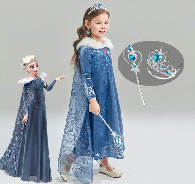 켈리미 털목도리 벨벳 공주 여아 엘사 원피스 드레스 망토 옷 왕관봉 포함