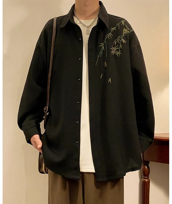 【新國風垂感】中式襯衫 刺繡襯衫 男襯衫 長袖襯衫 中國風上衣 竹子刺繡 慵懶寬鬆 高級感疊穿 春秋季男裝