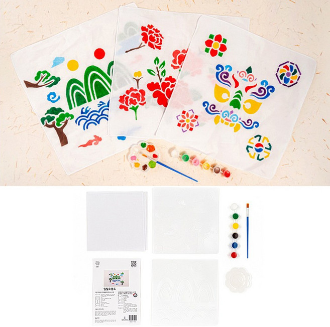 ms 민화샵 전통 문양 손수건 꾸미기 일월오봉도모란도귀면와 손수건 색칠하기 공화화 기법 스텐실활용, 귀면와