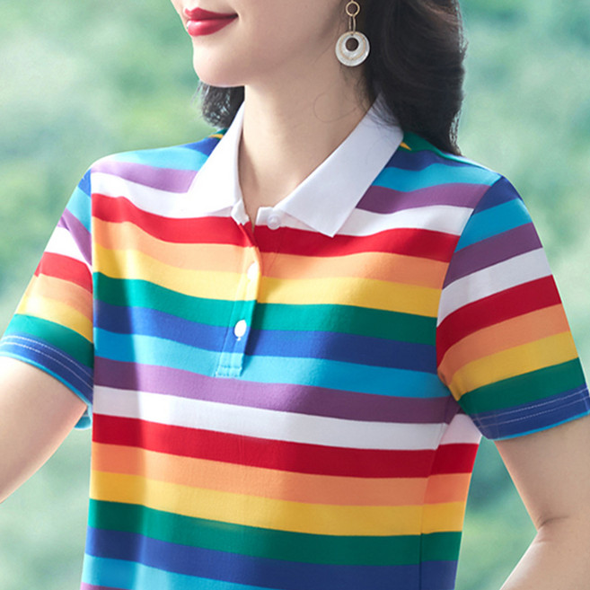 쁘띠꼬모 여성 줄무늬 반팔 티셔츠 골프 반소매 면티 카라티 카라넥 티셔츠 H522116
