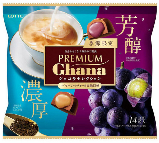 LOTTE 日本樂天 頂級迦納巧克力精選 皇家奶茶&熟成巨峰葡萄口味 14入, 1個, 114.8g