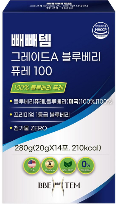 빼빼템 그레이드A 100% 생 블루베리 퓨레 100 스틱, 1개, 280g