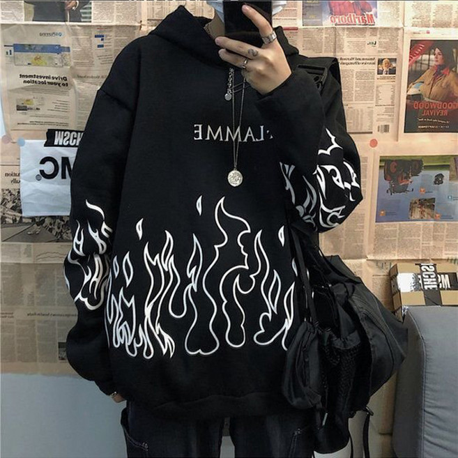 슬림소녀 여성 춘추추 스트리트 힙합 불꽃 프린트 루즈핏 후드 커플 맨투맨 붐