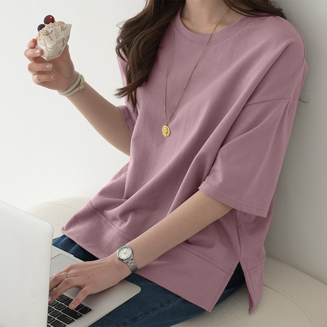 데일리앤 르테인 여성 라운드넥 오버핏 루즈핏 반팔 무지 트임 레이어드 맨투맨 티셔츠