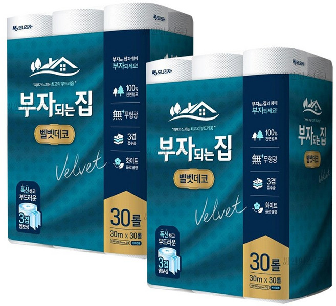 부자되는집 벨벳데코 두루마리휴지 3겹화장지 30롤x2팩, 30m, 30개입, 2개