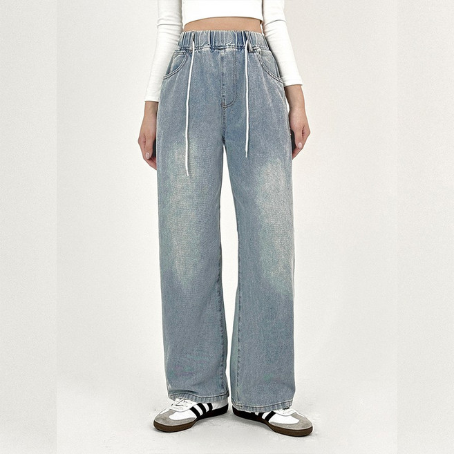 바이일이오 여성 밴딩 워싱 와이드 데님 팬츠
