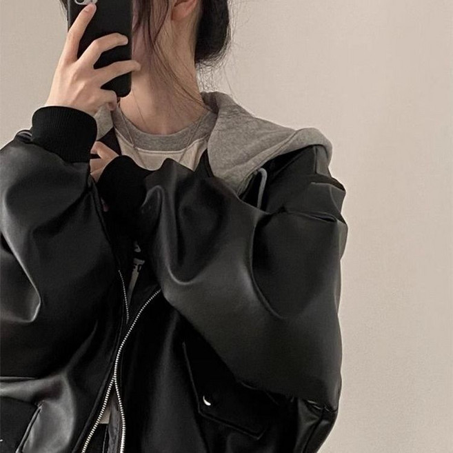 캐주얼 여자 가죽 자켓 빈티지 루즈핏 후드 라이더 재킷 빅사이즈 간절기 여성 레더 자켓 긴소매 아우터 CJJ