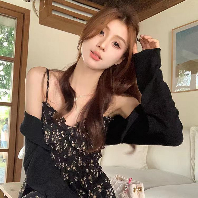 酒一 黑色碎花吊帶長裙 春夏新款法式長裙, XL