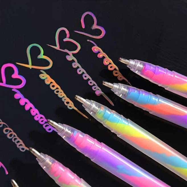 6색 반짝이 무지개 그라데이션 젤펜 세트 다이어리 꾸미기 아트펜, 1세트, 레인보우