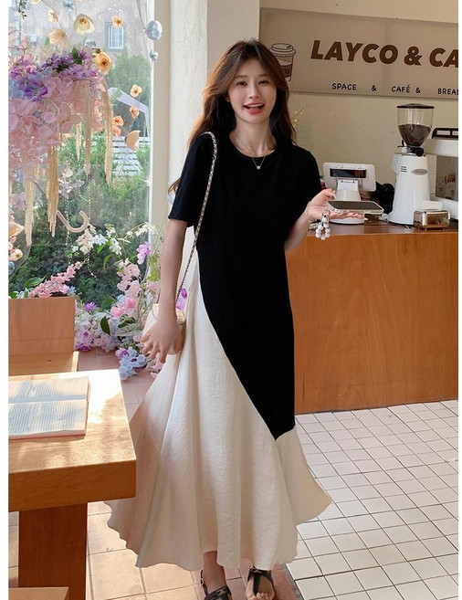 싱싱덴덩 88~99 여성 빅사이즈 원피스 150kg 빅사이즈 티 원피스 패치 솔리드 A라인 스커트