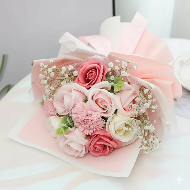 이지엘리 졸업식 입학식 안개꽃 장미 비누 꽃다발, 1개, 화이트 핑크