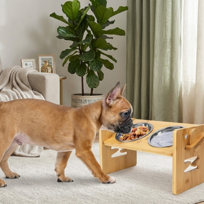 슈프렌 반려동물 높이조절 급식대 6단계 강아지 고양이 식기 15도 기울기 대나무 식탁 스테인리스 그릇 2구, 1세트