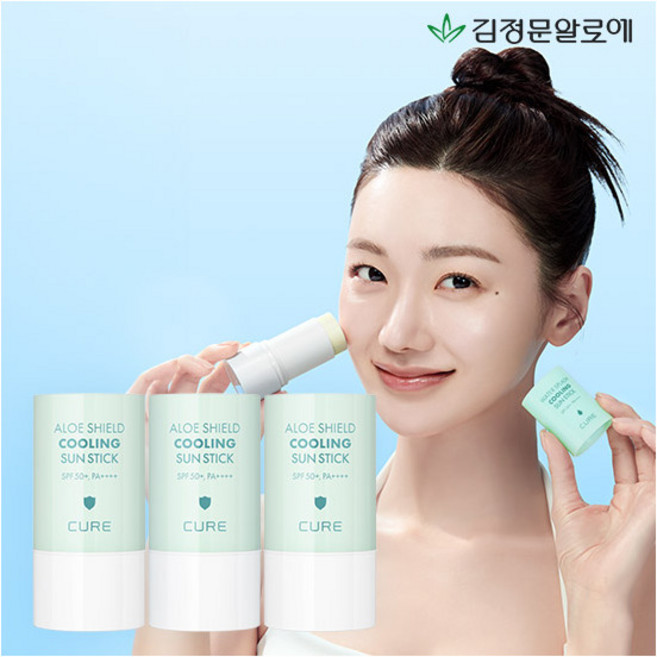 [김정문알로에] 큐어 알로에 쉴드 쿨링 온가족용 민트 선스틱 23g [수딩자차] 3개