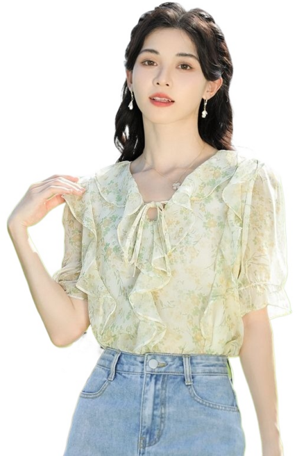 씨플 여성 블라우스 루즈핏 잔꽃패턴 예쁜 쉬폰 반팔블라우스 고급 캐주얼 빅사이즈 남방 셔츠