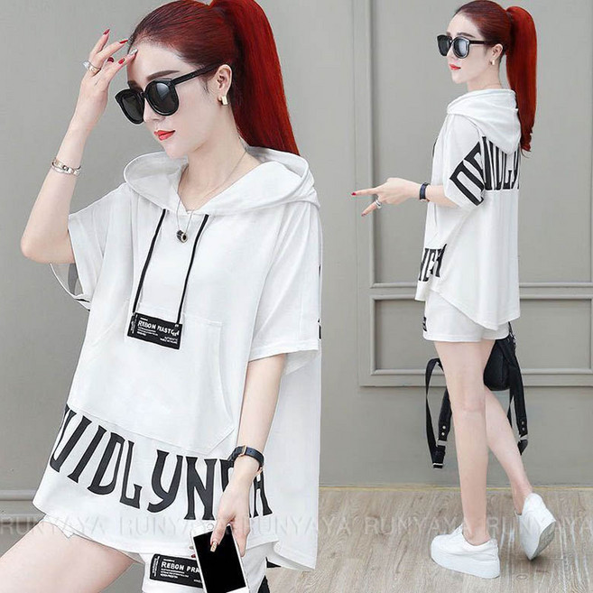 여성용 루즈핏 반바지 트레이닝복 세트 반팔 상하의 빅사이즈 5부오버핏 밴딩 팬츠 바지 투피스 D99U