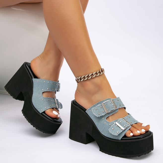 밀슨 더블버클 데님 토오픈 여자 통굽 샌들 가보시 여성 뮬 슬리퍼