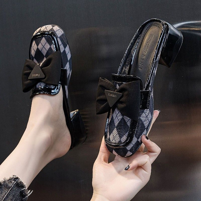 여성용여름 버클 망사 반슬리퍼 통굽 리본 워커 샌들