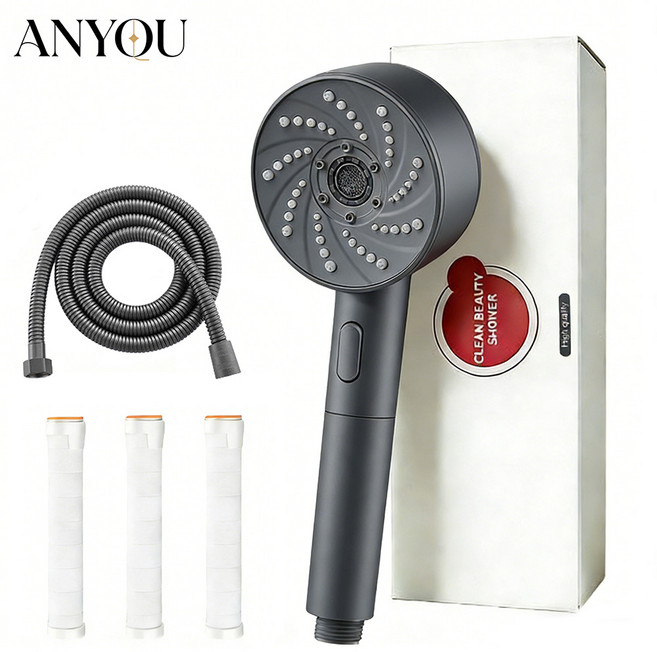 ANYOU 수압 상승 필터 샤워기 + PVC 샤워호스 1.5m 세트, 그레이, 1개