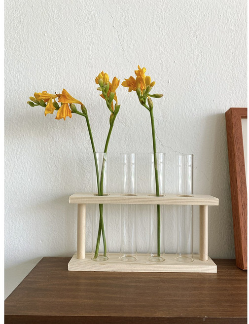 유리 우드 시험관 실린더 화병 수경재배 물꽂이 이케바나 한송이 꽃병 2color, 내츄럴 우드+투명