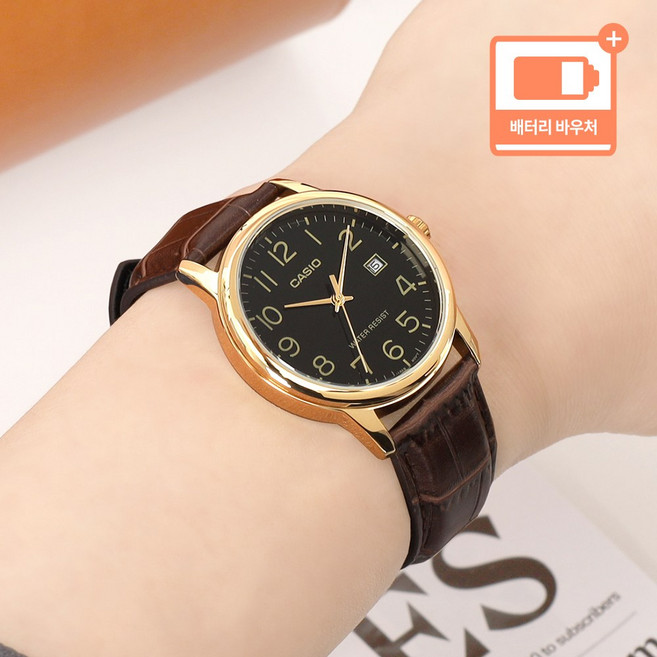 카시오 가죽 남성 생활방수 정장 캐주얼 패션 아날로그 손목시계 + 배터리 바우처
