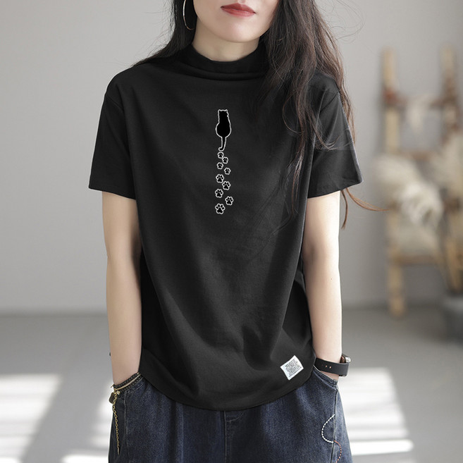 미중 여성 여름 뉴 반팔 반폴라 면 박시 프린트 무지 포인트라벨 날씬rll