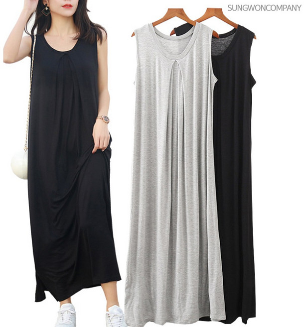 이너퀸 프리수 모달 라운드 핀턱 민소매 나시 롱 소프트 빅사이즈 원피스 홈웨어 이지웨어 모달엔젤원피스