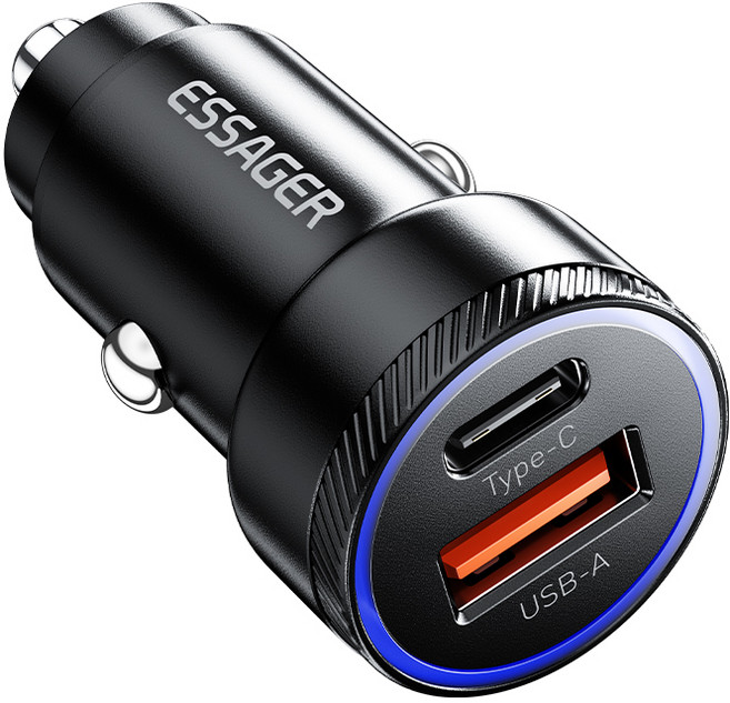 Essager 54W A+C 2포트 차량용 시거잭 고속 충전기, 블랙