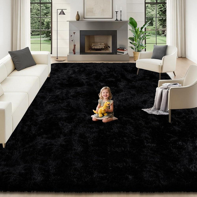 8x10 Area Rugs for Living Room: Soft Black Fluffy Rug Shag Washable Rug Plush Fuzzy Indoor Carpet