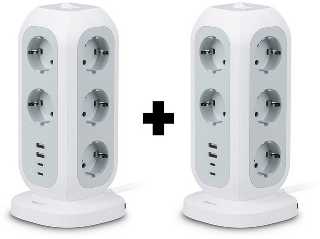 고용량 멀티탭 1+1 타워형 스탠드형 4000W 15구(USB-A타입 USB-C타입 포함), 1세트, 화이트, 2m