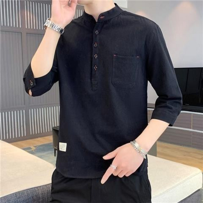 jacqm 七分袖襯衫 男裝上衣 棉麻立領襯衫 夏季新款透氣薄款寬鬆上衣服