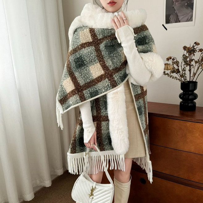 라오농 여성용 가을 겨울 데일리 기모 숄 후드 케이프 코트 체크 따뜻한 코트 HTS11JJ