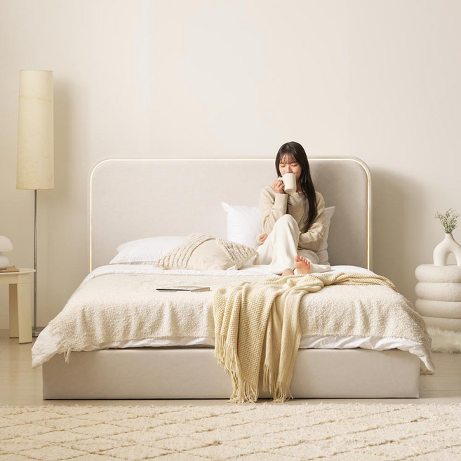 슬립스토아 우노 LED 갤럭시 패브릭 침대+독립 유로탑 70T 매트리스 SS/Q/K, 아이보리