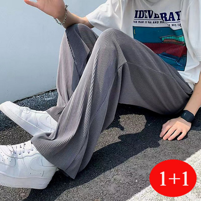 FINE ART 1+1 남성 골지 아이스 바지 빅사이즈 쿨링 팬츠 냉감 와이드팬츠 얇은 밴딩바지 L~5XL