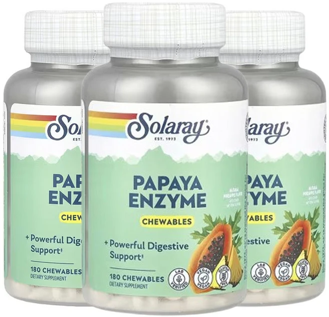 솔라레이 파파야 효소 천연 파인애플츄어블, 3개, 180정 - 쿠팡